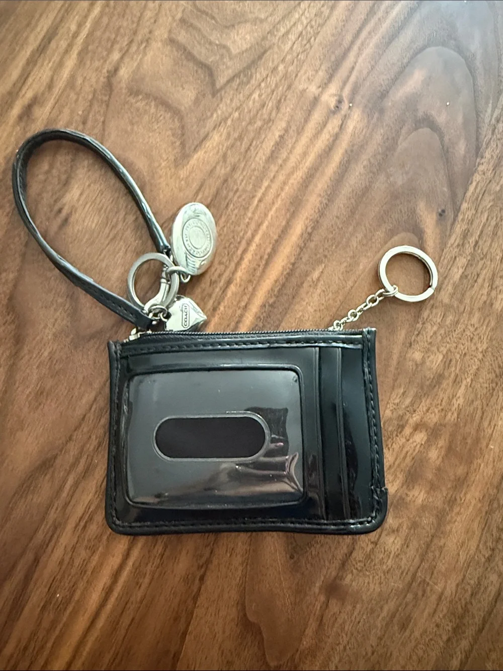 Coach Black Patent Leather Wristlet Card Holder with Keyring